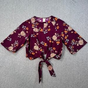 Japna Purple Floral Cropped Blouse Women's Small Tie Keyhole Neck 3/4 Sleeve